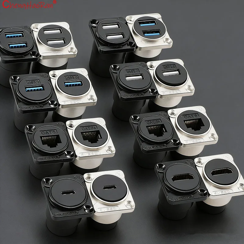 ChengHaoRan 1PC Metal D Type Module RJ45 CAT6 USB 3.0 2.0 Type C Socket Through Network Panel Mounting Electronic Connector
