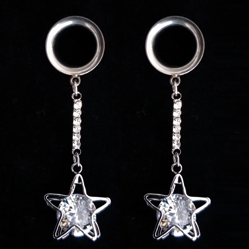 Pair Crystal Star Pendant Ear Plugs and Tunnel Ear Gauges Flesh Tunnel Steel Body Piercing Expander Expansion 10mm Ear Reamer