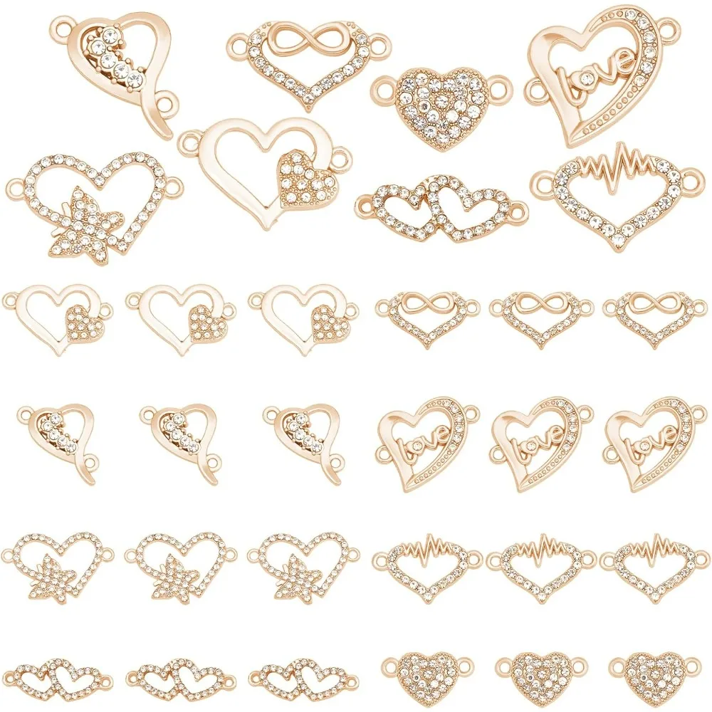 Heart Charms 32pcs 8 Styles Alloy Heart Shape Heart Link Connector Beads with Rhinestone Heat Pendants for Earrings Bracelets