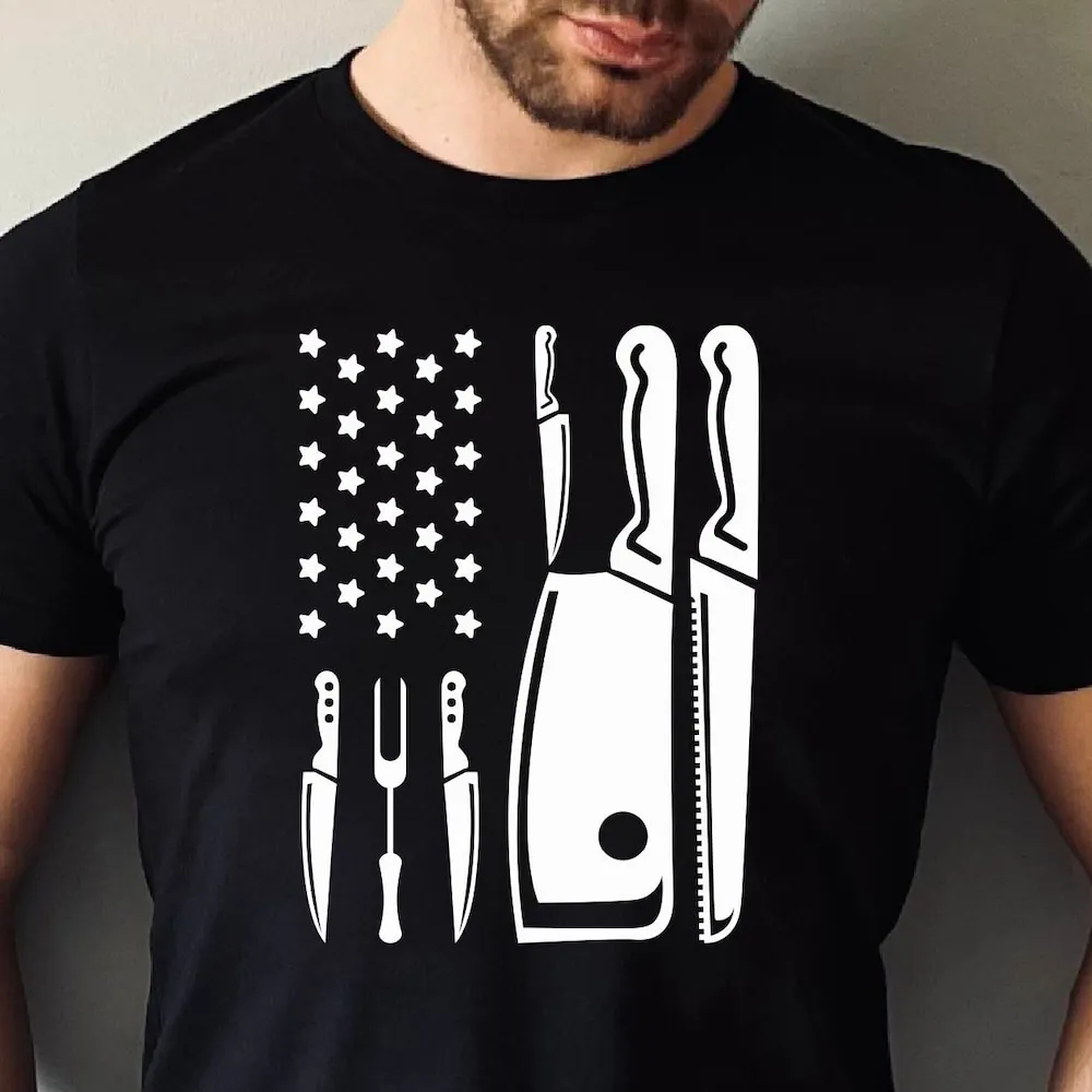 Patriotic Chef Knife Usa T Shirt Apron Flag Funny New