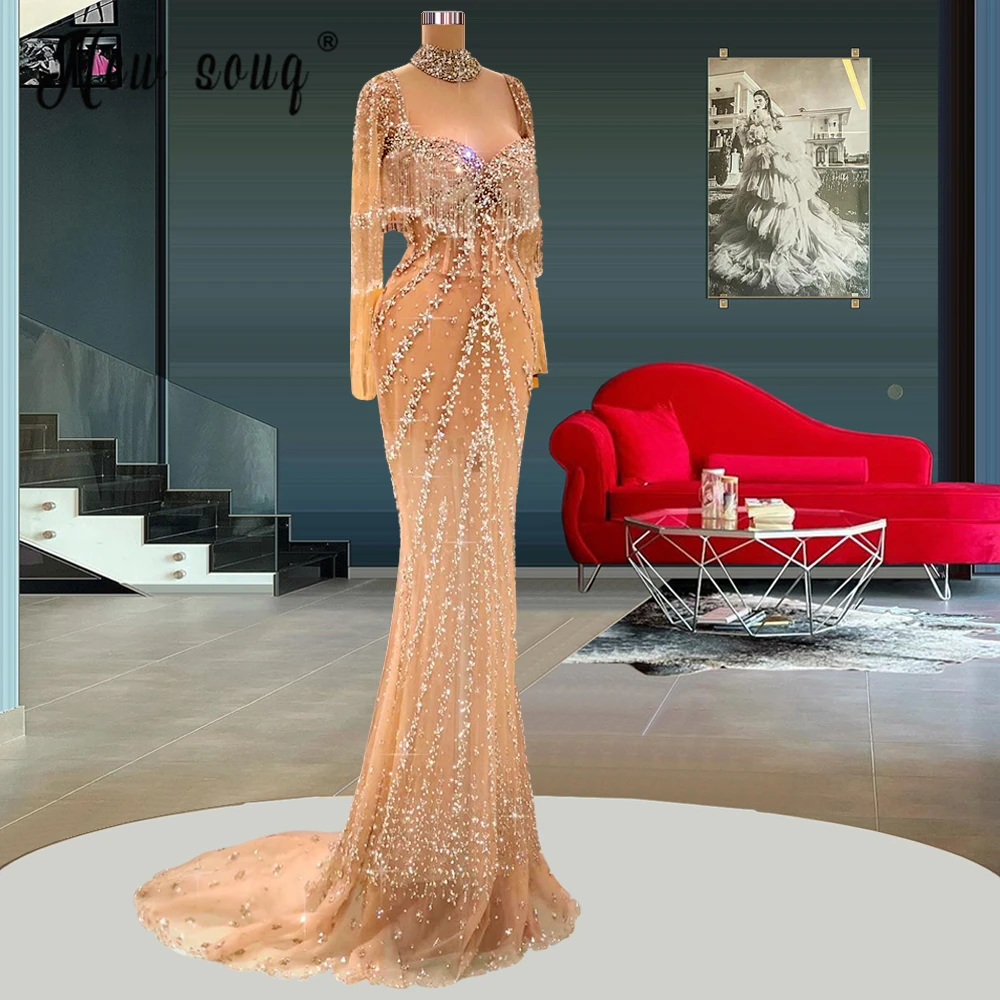 Generous Champagne Square Neck Long Evening Dress Silver Beaded Tassel Prom Party Gowns for Women Arabic 2022 Wedding Dress