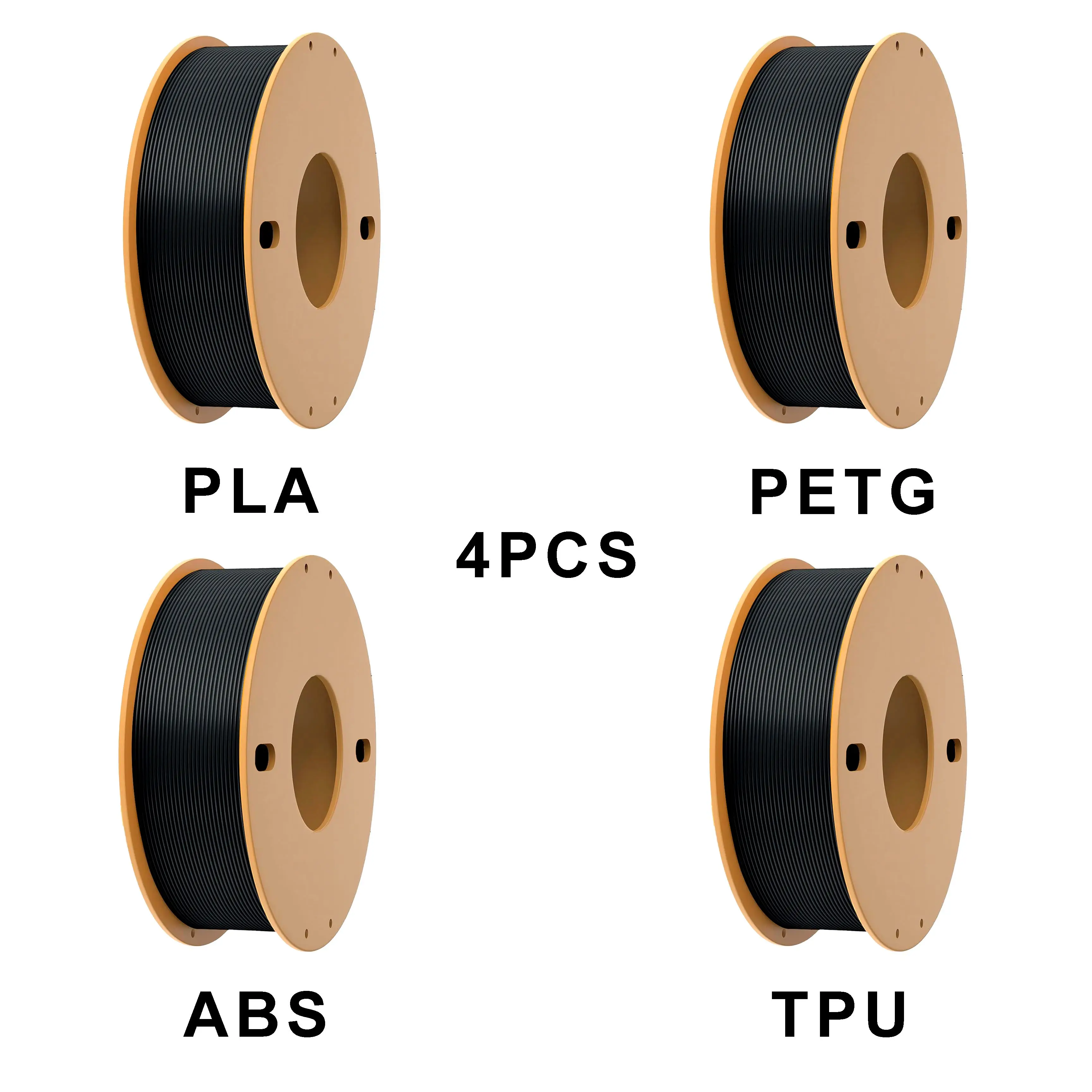 

4PCS 3d printing filament 1 roll PLA+1 roll ABS+1 roll PETG+1 roll TPU, 4 rolls black 250G