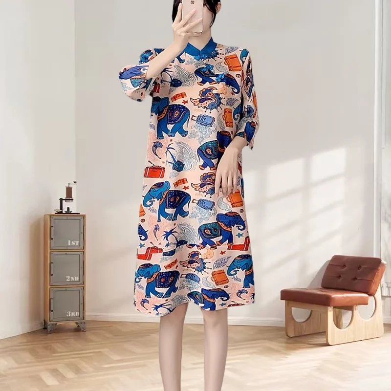 

Miyake Pleated Dresses Loose Plus Size Casual Print Fold Dress Women 2025 Summer New Pleat Stand Up Collar Long Skirt