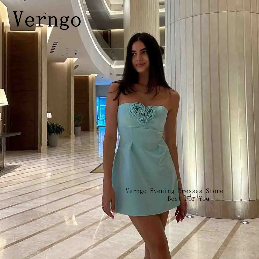 

Verngo Blue Satin Mini Prom Gowns Simple Pleat Formal Cocktail Dress For Women Strapless A Line Mini Birthday Party Dress