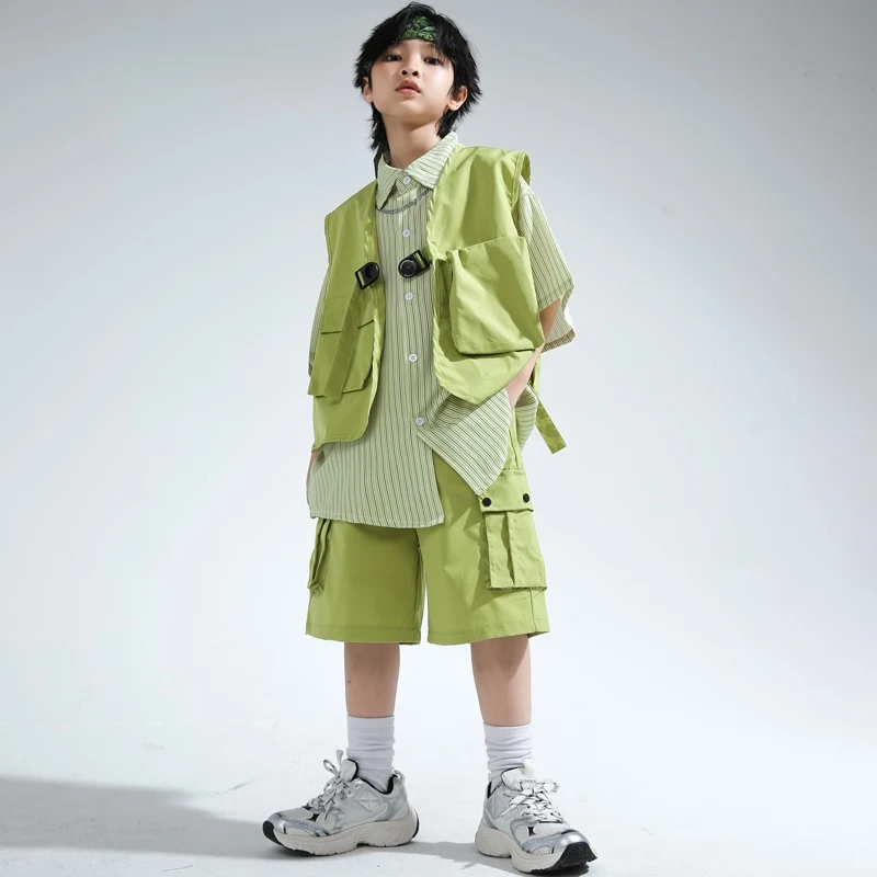 Sommer Kinder Hip Hop Kleidung Jungen Grüne Weste Hemd Shorts Street Dance Kostüm Trommel Konzert Leistung Kleidung Lose BL14863