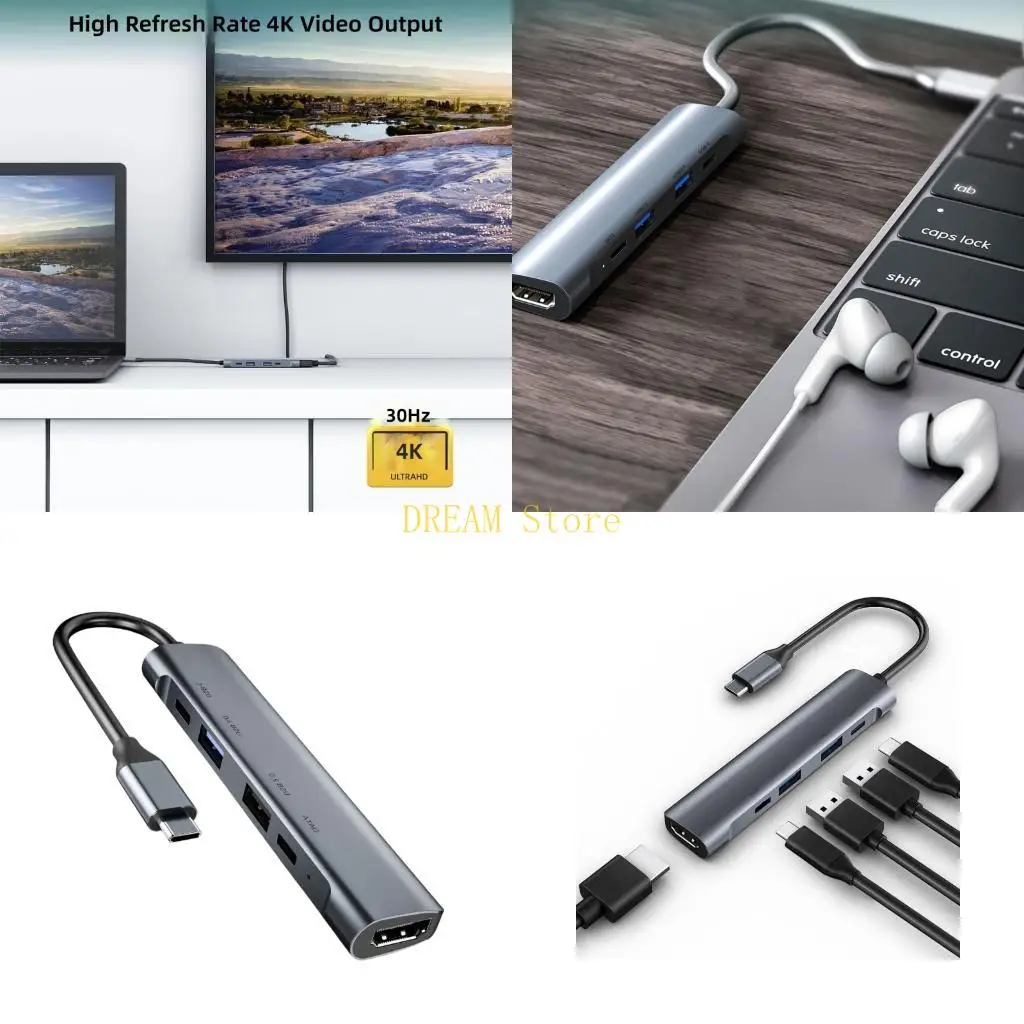 5 In 1 Type C Hubs With HDTV Output PD60W Charging Aluminum Alloy For Laptop best sale