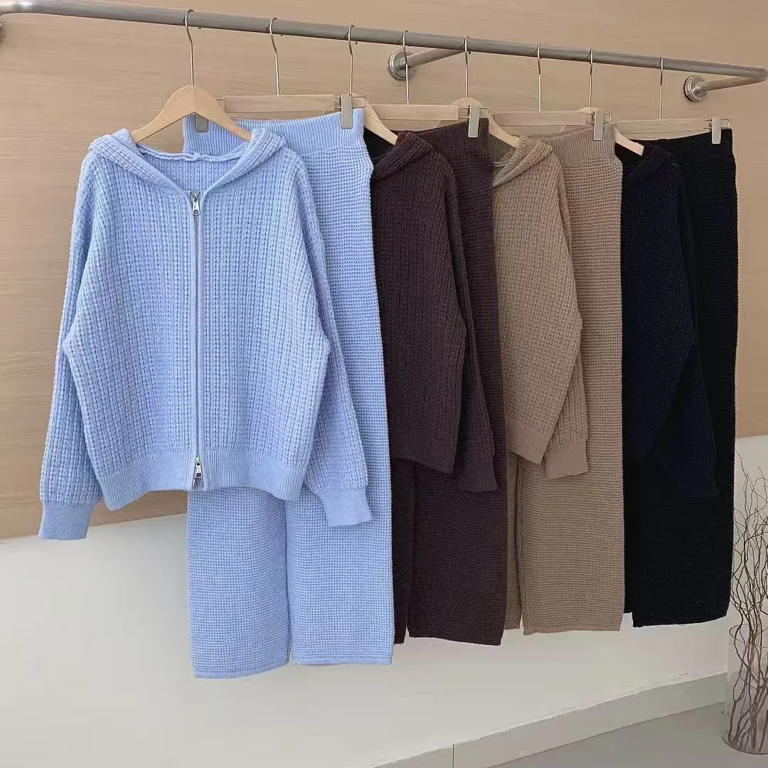 

Two Pieces Women Pant Sets Solid Knitted Matching Set Hooded Zippper Cardigan Drawstring Wide Leg Pants Loose Casual 2025 Autumn