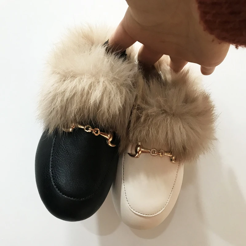 Winter Kids Fur Princess Shoes Baby Girls Brand Leather Slides Children Slip On Slippers Toddler Fashion Dress Flats Boys Shoes