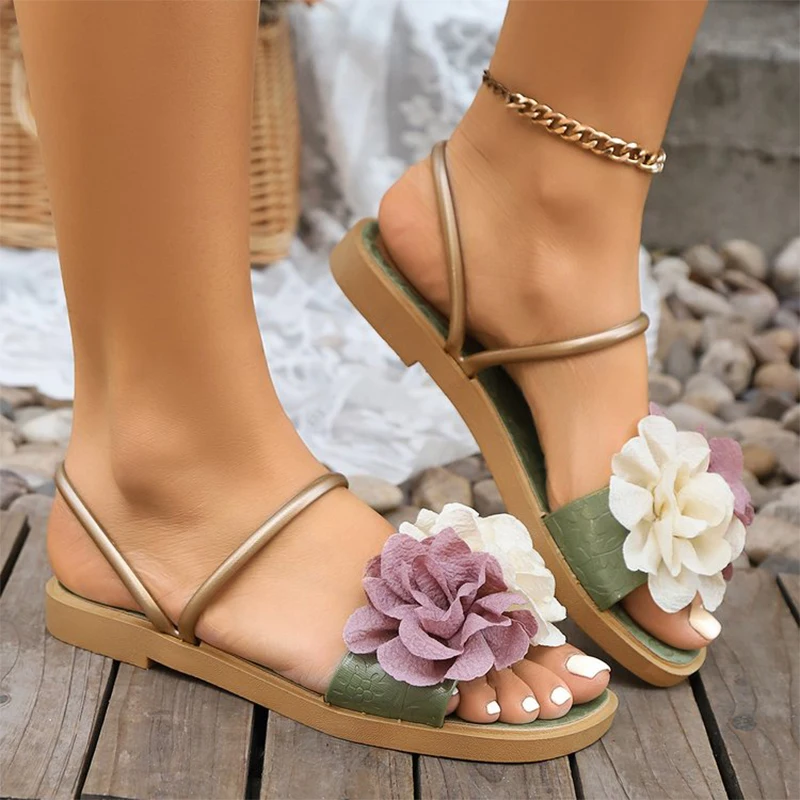 Trendy Mix Color Flower Sandals Women Summer 2026 Beach Slip On Flat Heel Shoes for Woman Party Dress Lightweight Sandles Mujer