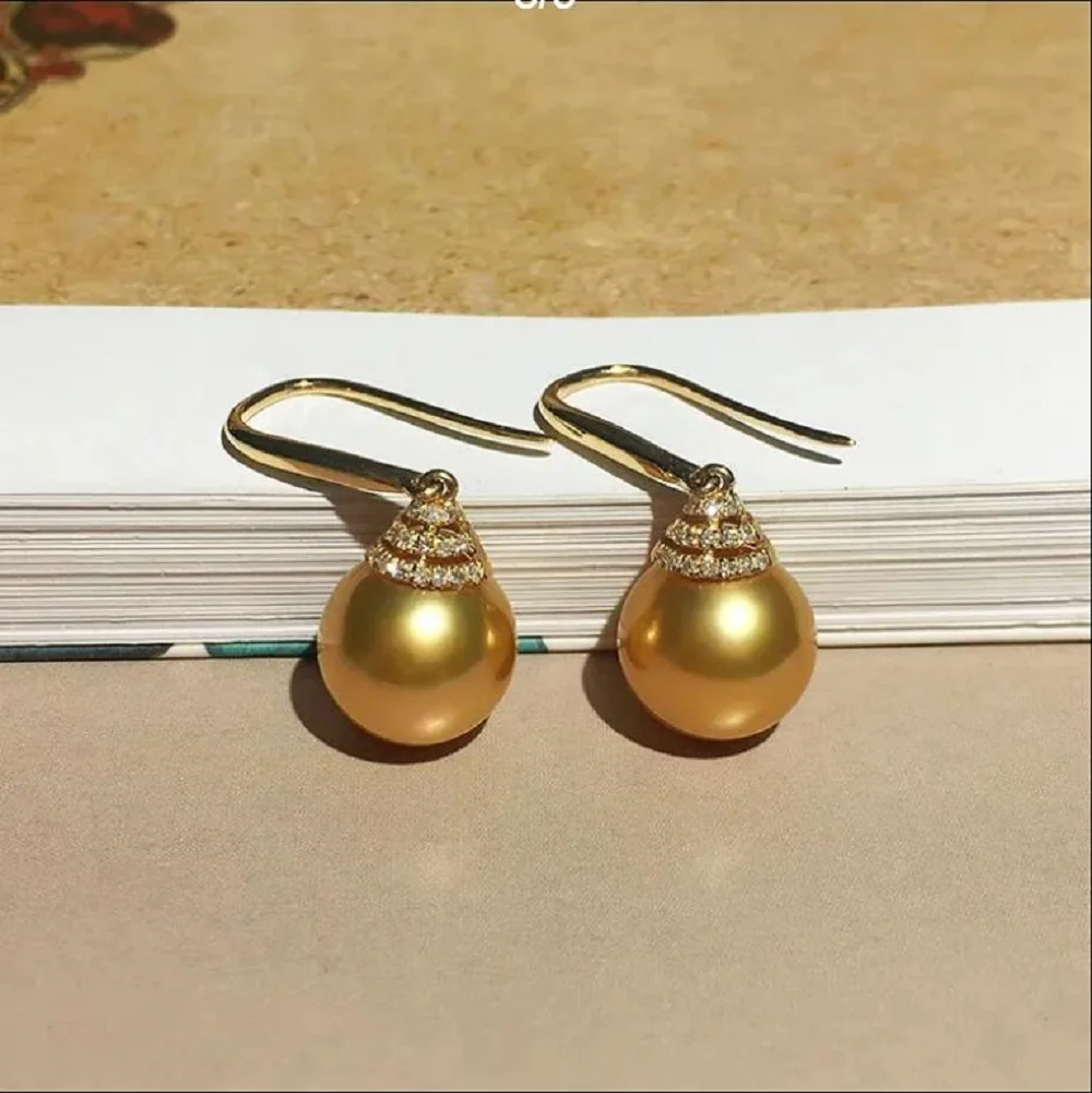 AAA+ 12-13mm Authentic s925 Silver Diamond Charm Rich Gold Sea Pearl earring set Pendant Necklace gift box