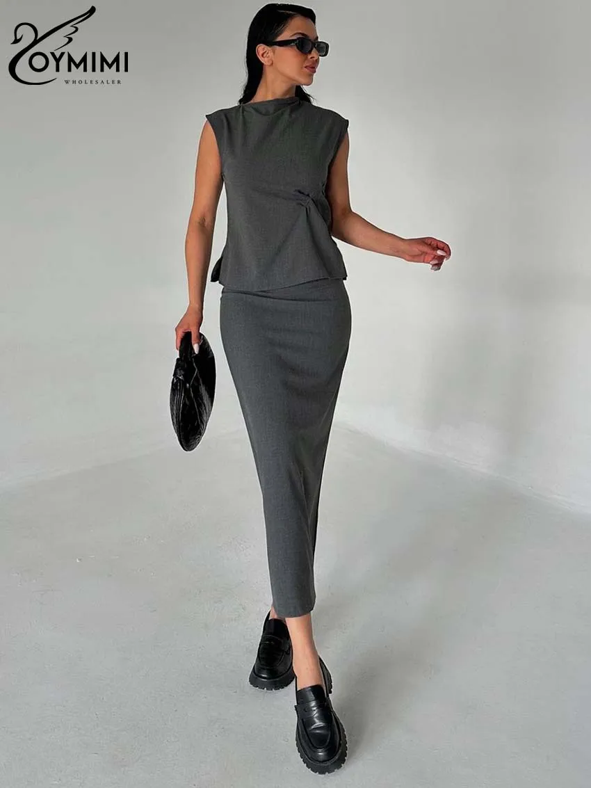 Oymimi Elegant Grey Slim Two Piece Set For Women Fashion O-Neck Sleeveless Button Blouses And Straight Slit Skirts Female Sets