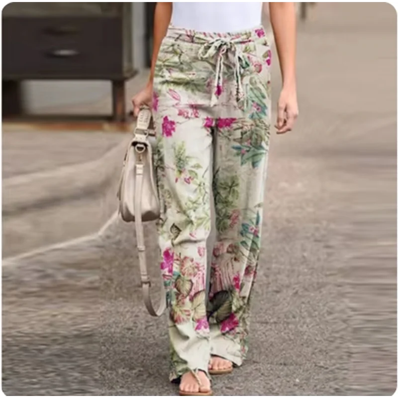 Women\'s Vintage Casual Printed Art Pants Pocket Strap Straight Leg Loose Comfortable Pants