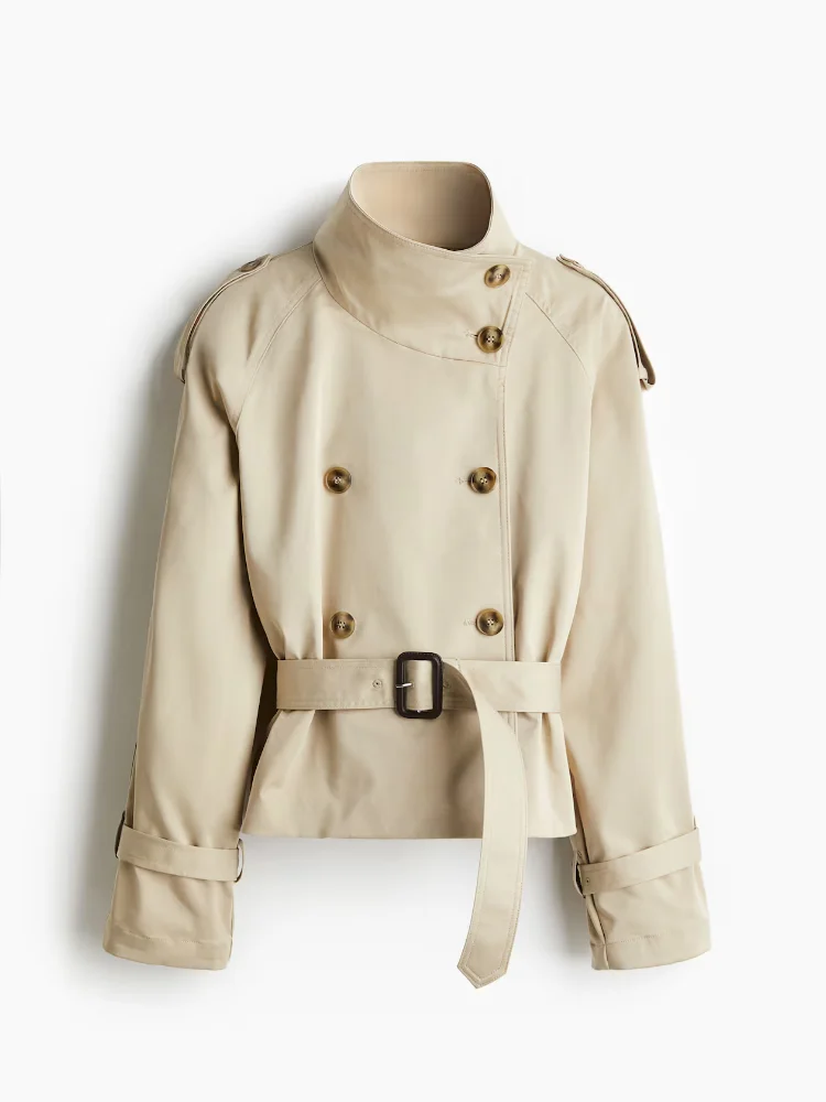 Spring Double Breasted Trench Coats With Belts Women Elegant Stand Collar Long Sleeve Jacket Office Lady Windbreaker Street Tops