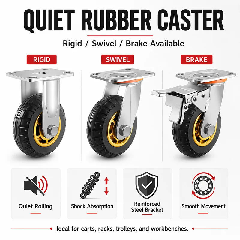 

Heavy Duty Caster Wheels 3 4 5 Inch Industrial Rubber Castors 140KG 170KG 200KG Load Rigid Swivel Brake Wheels for Cart Trolley