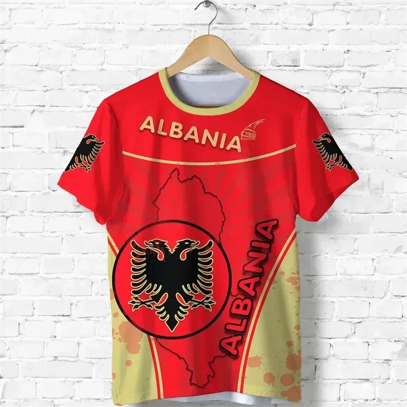 Albania Flag Men\'s T-shirt 3D Print Albanian National Emblem Tops Short Sleeve O-Neck Oversized Sports Male Tee Shirt Clothing