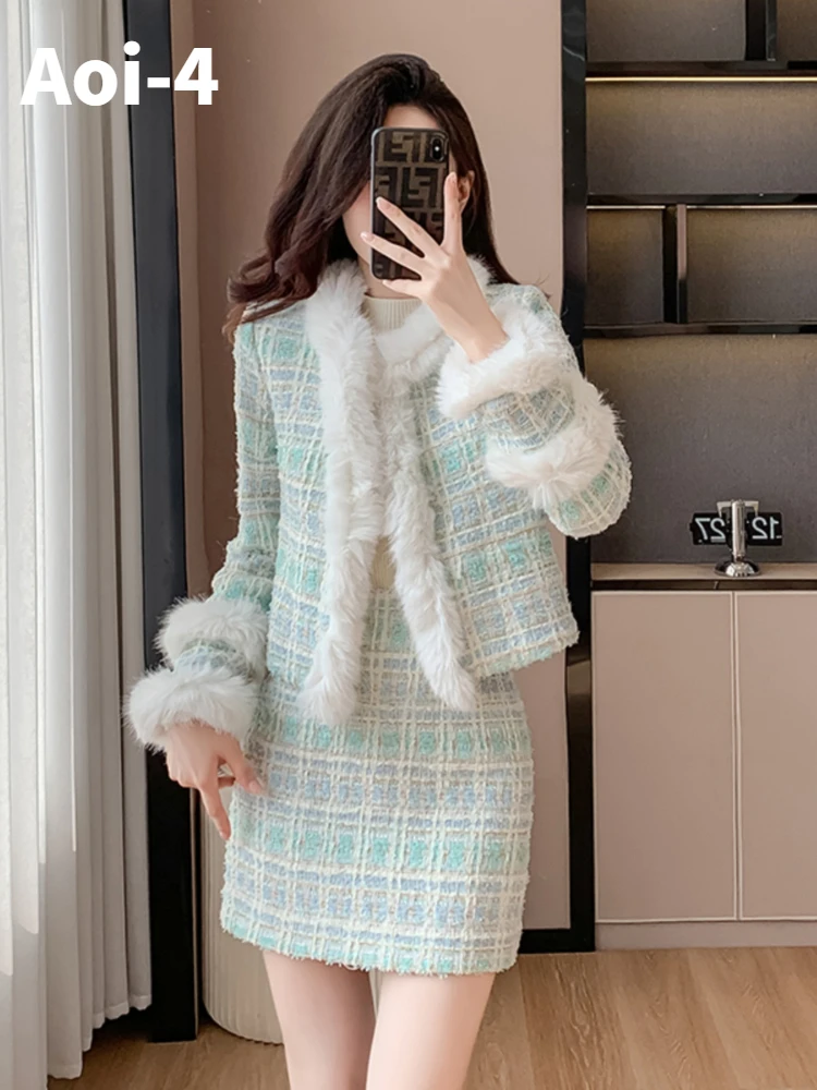 

Fashion Elegant Faux Fur Suit Women 2023 Autumn Winter Thickened Stitching Long Sleeve Short Coat+Hip A-Line Skirt Two-Piece Set