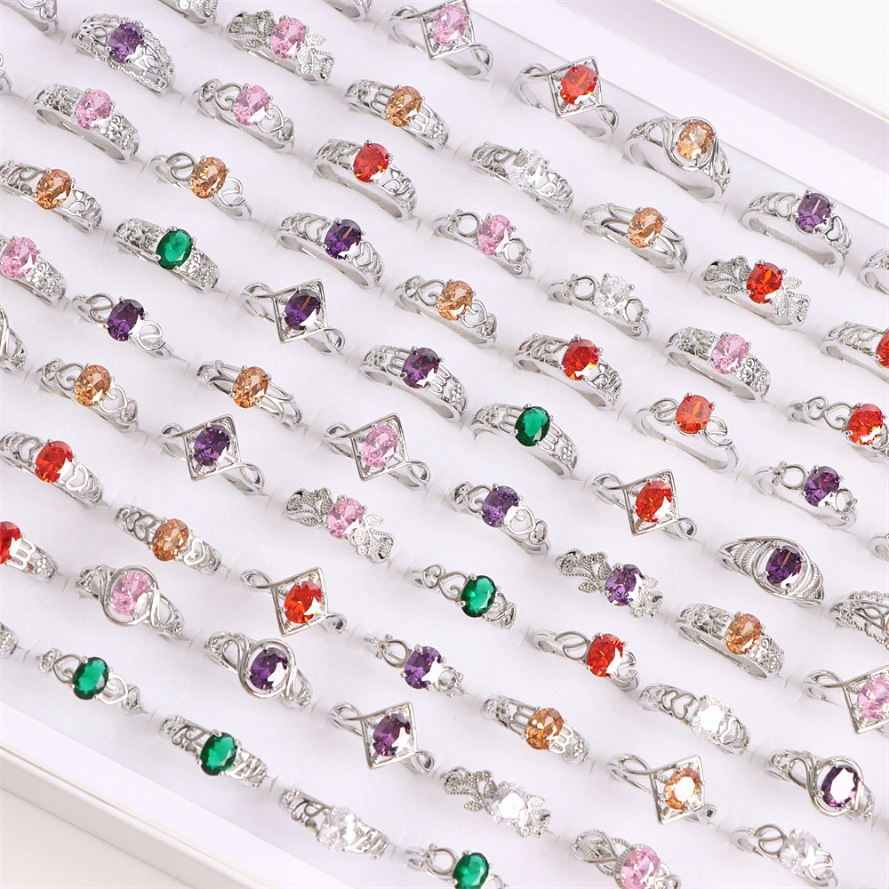 20Pcs/Lot Colorful Zircon Rhinestone Opening Women Rings Wedding Engaged Anniversary Valentine\'s Day Jewelry Accessories Gifts