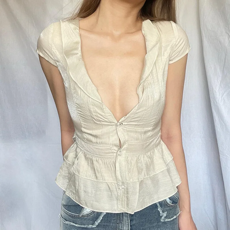 Y2K Seidiges T-Shirt mit Puppenkragen, V-Ausschnitt, Knopf-Cardigan, einfarbig, atmungsaktives Sommer-Top für Damen