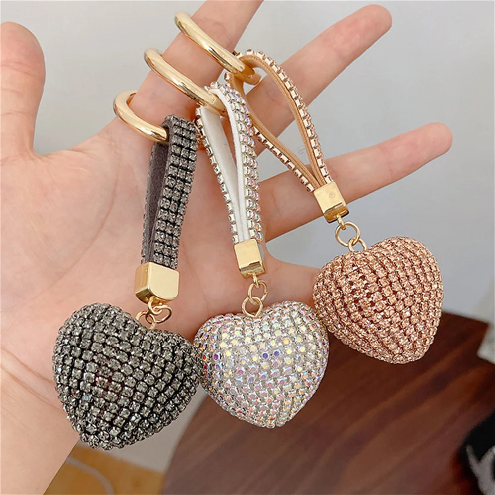 Rhinestone Heart Keychain Bling Shining Full Crystal Key Ring Jewelry Accessories Bag Pendant Car Hanging Ornament Special Gift