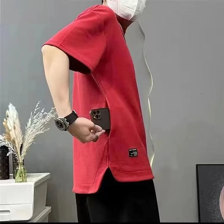 Hidden Pocket Five-quarter Sleeve Top Cool and Breathable Men's Short Sleeve Crew Neck Summer Trend Loose Large Size T-Shirt