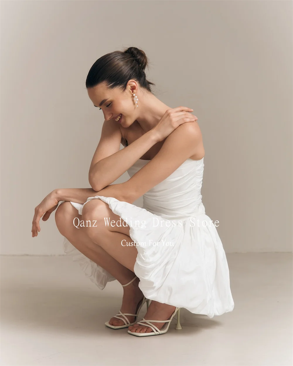 فساتين زفاف Qanz عتيقة من التفتا باللون الأبيض الصغير A Lin Vestido De Novia Boda بأربطة من الخلف مفتوحة من الخلف رداء De Mariée مخصص #4