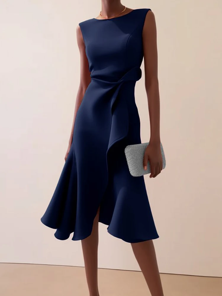 فستان نسائي صيفي أنيق بدون أكمام للعطلات، فستان حفلات بسيط برقبة دائرية، موضة 2025 فستان أنيق غير رسمي للسيدات