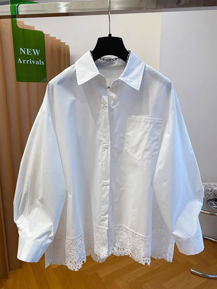 White Lace Splice Loose Long Sleeve Women's Shirt Spring 2025 Large Size Single Pocket Blouse Comfortable Breathable Cotton