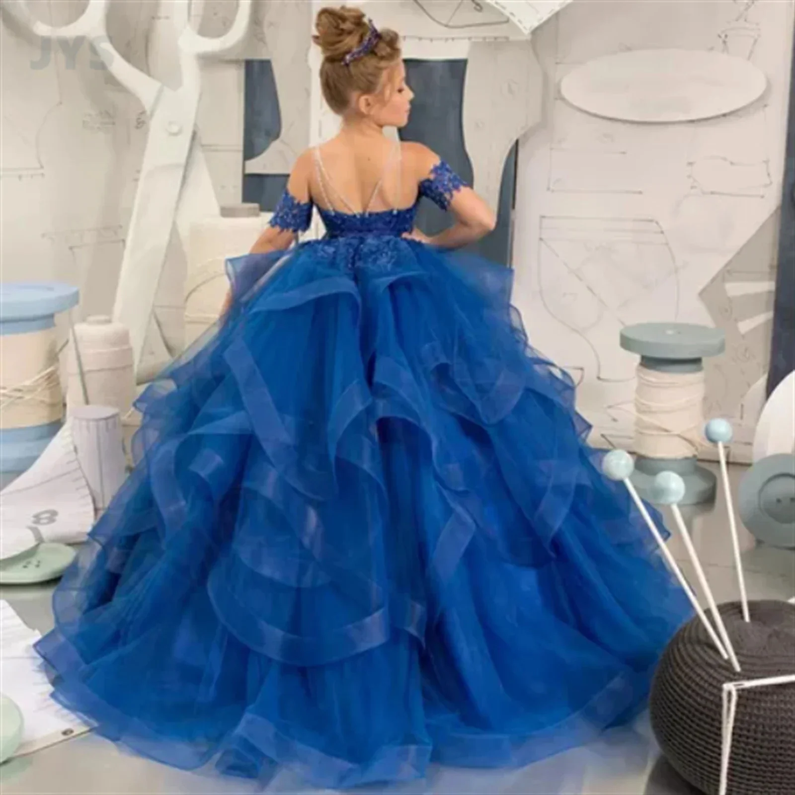 Flower Girl Dresses for Wedding Off Shoulder Lace Appliques Tulle Floor Lenght Kids Birthday First Communion Gowns Customized