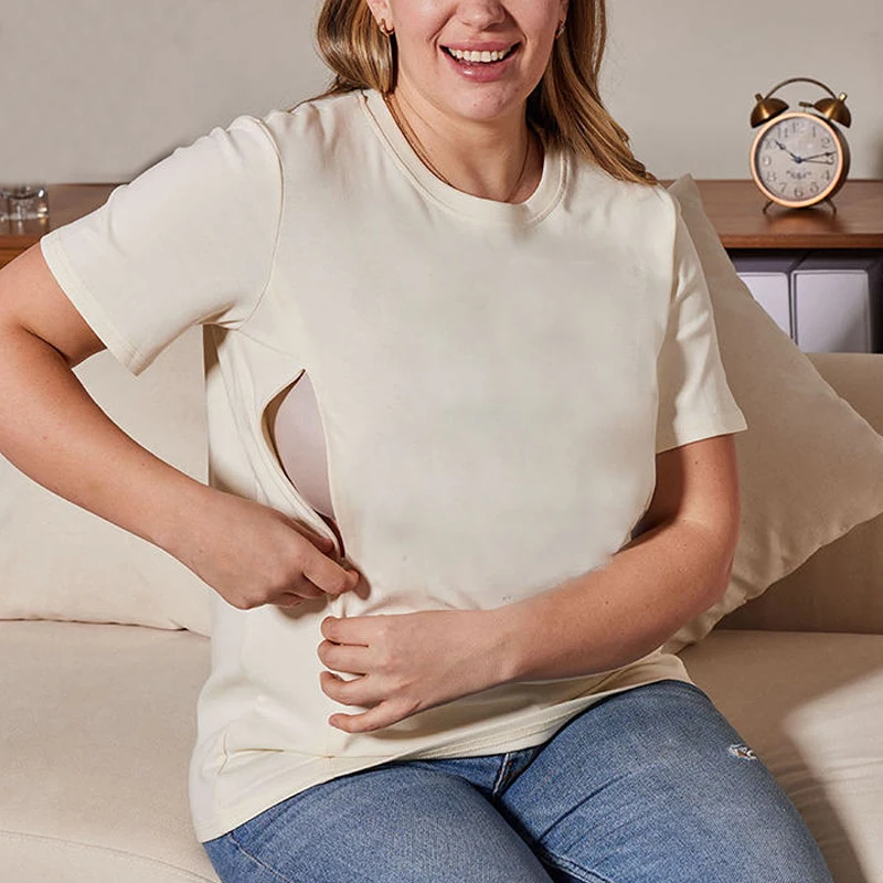 Soft Cotton Nursing Maternity Tee Crew Neck Short Sleeve Side Split Feeding Design Loose Pregnant Daily Casual T-shirt