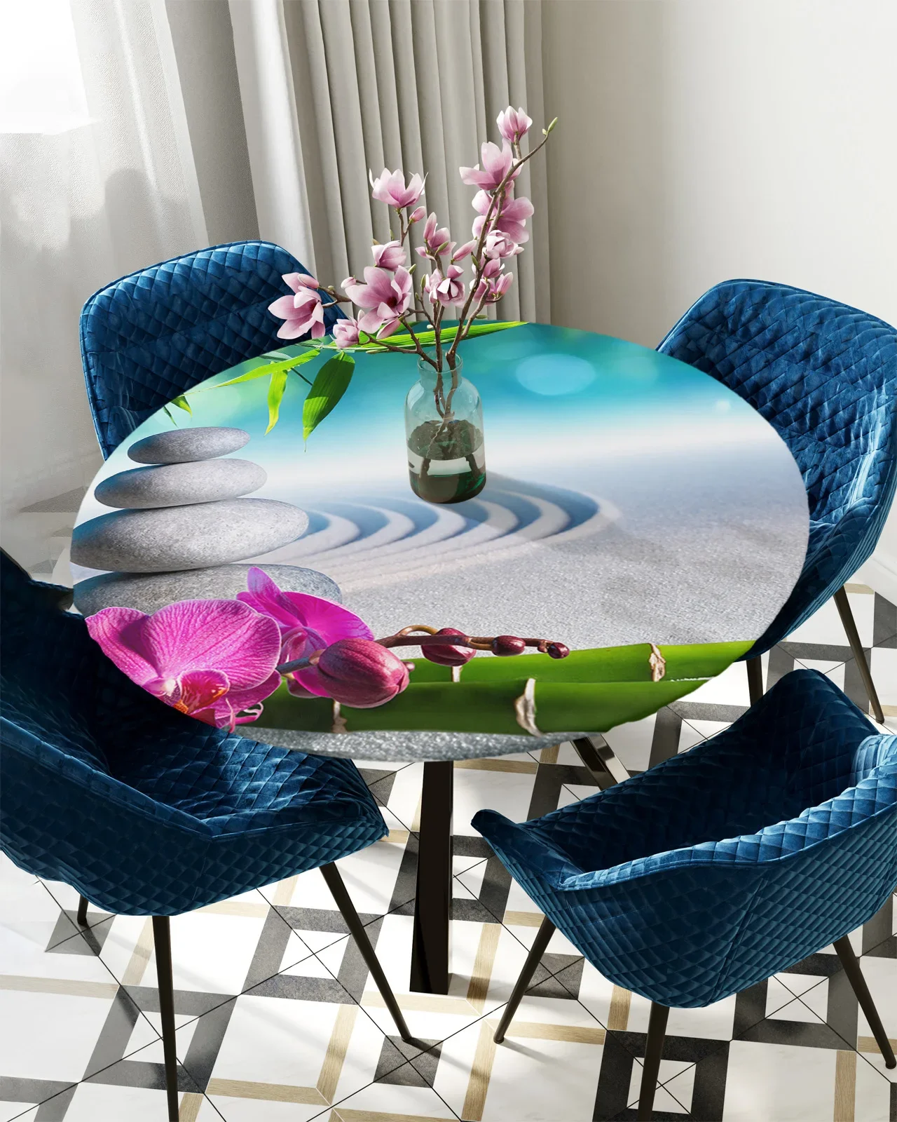 Zen Bamboo Stone Nature Round Elastic Edged Table Cover Protector Cloth Waterproof Polyester Rectangle Fitted Tablecloth