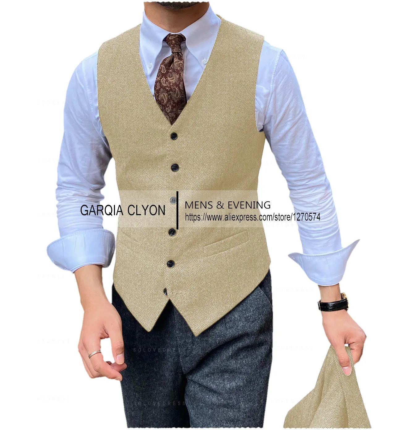 Коричневый мужской жилет, приталенный жилет с рисунком «елочка», винтажный жилет с v-образным вырезом, костюм, жилет для свадьбы, жениха, однобортный