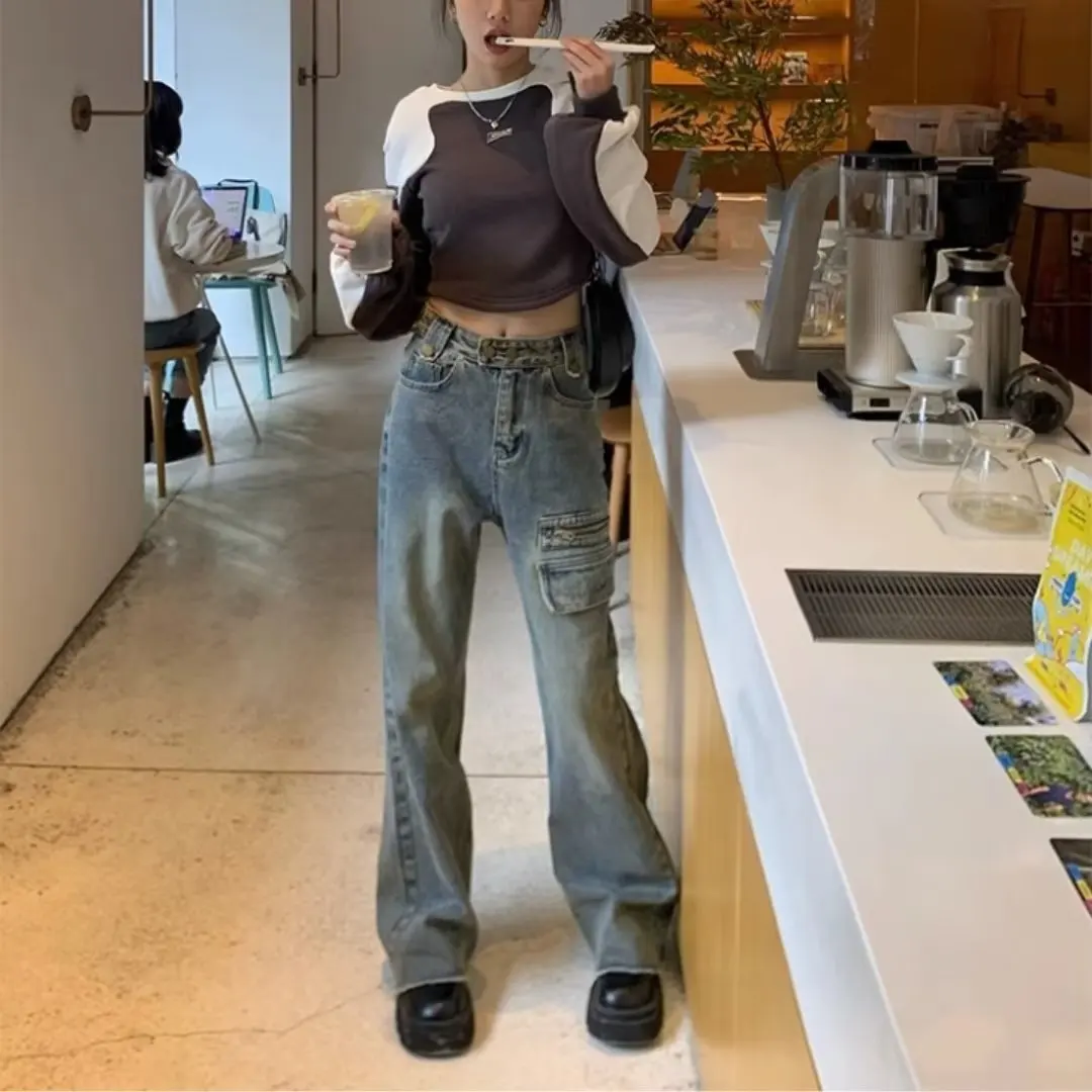 

2024 American Style Vintage Straight-leg Jeans High Waist Wide Leg Street wear Baggy Trousers Rough Edge Design Jeans Fashion Ca