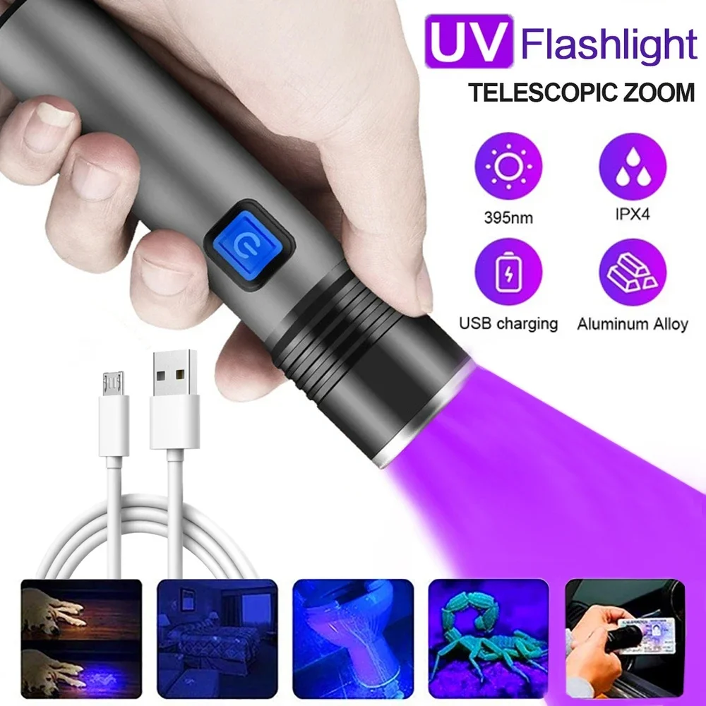 Mini 395nm UV Flashlight Blacklight Zoomable USB Rechargeable UV Light Ultraviolet Torch for Pet Urine Detector Resin Curing