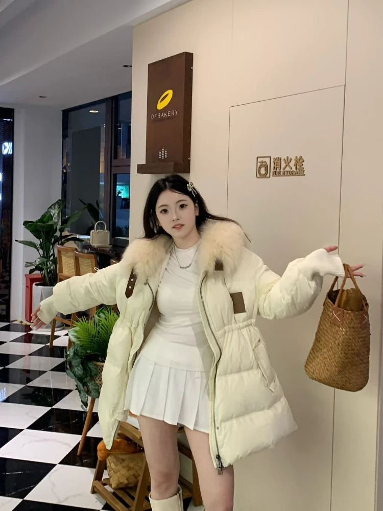 Big Fox Fur Collar Down Jacket 2025 Winter New Fashion Waist Mid-Length Parkas Women Thicken Warm White Duck Puffer Coat Outwear