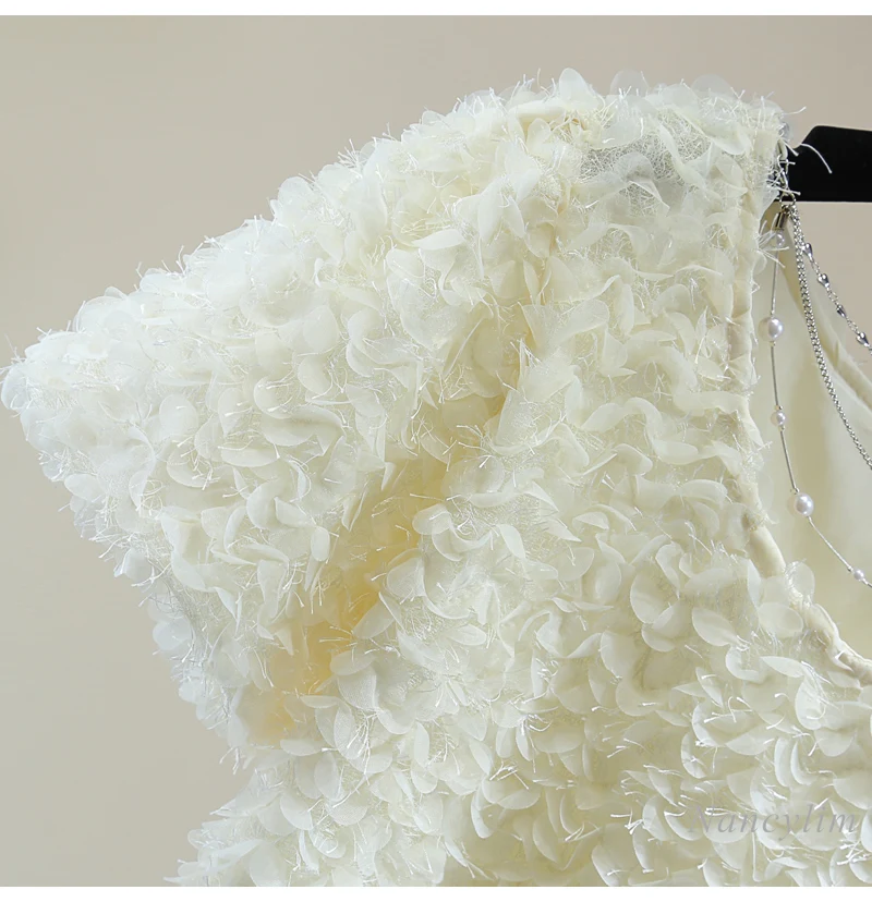 Summer Petal Tassel Blouse Women's Korean Style Round-Neck High Waist Short Solid Color Puff Sleeve Petal Top 2024