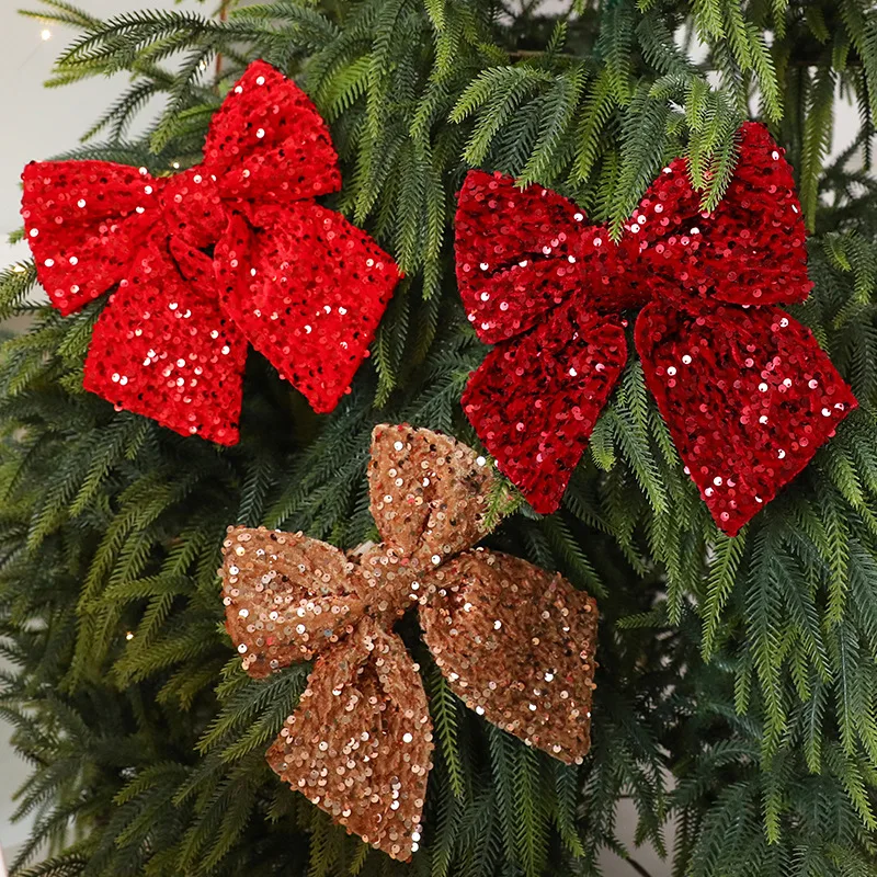 

Christmas Bow Ornament Glitter Fringe Hanging Decor for Tree Fabric Craft Fabric Glitter Bow Xmas Tree Top Christmas Decoration