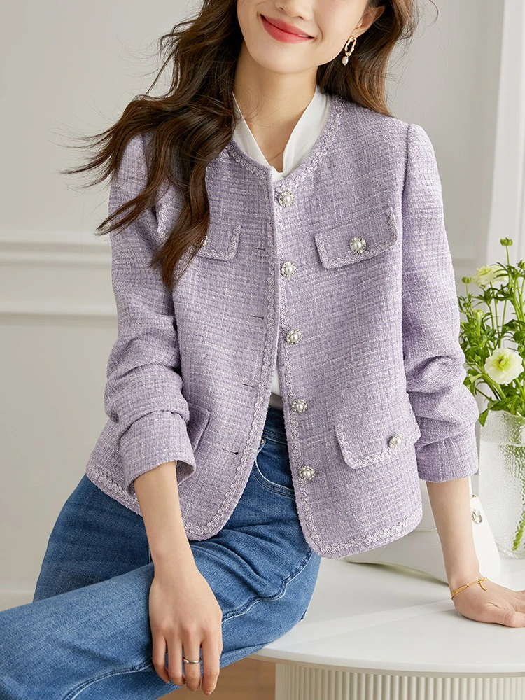 CJFHJE Women\'s Purple Casual Tweed Short Coat  Autumn New Korean Fashion Office Lady Commuting Round Neck Top New Female Jacket