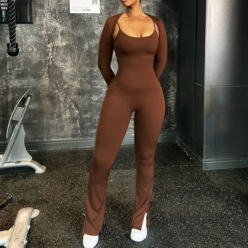 Spring Autumn Women 2 Piece Sets Solid Long Sleeve Sexy Crop Shawl Slips Wide Leg Jumpsuit Fashion Outfit Streetwear Yoga Pants