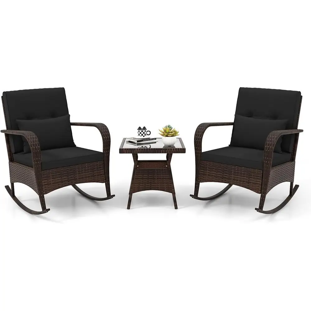 

Комплект садовой мебели: уличные плетеные кресла-качалки с подушками, декоративными подушками, стеклянный кофейный столик, комплект плетеной мебели для балкона