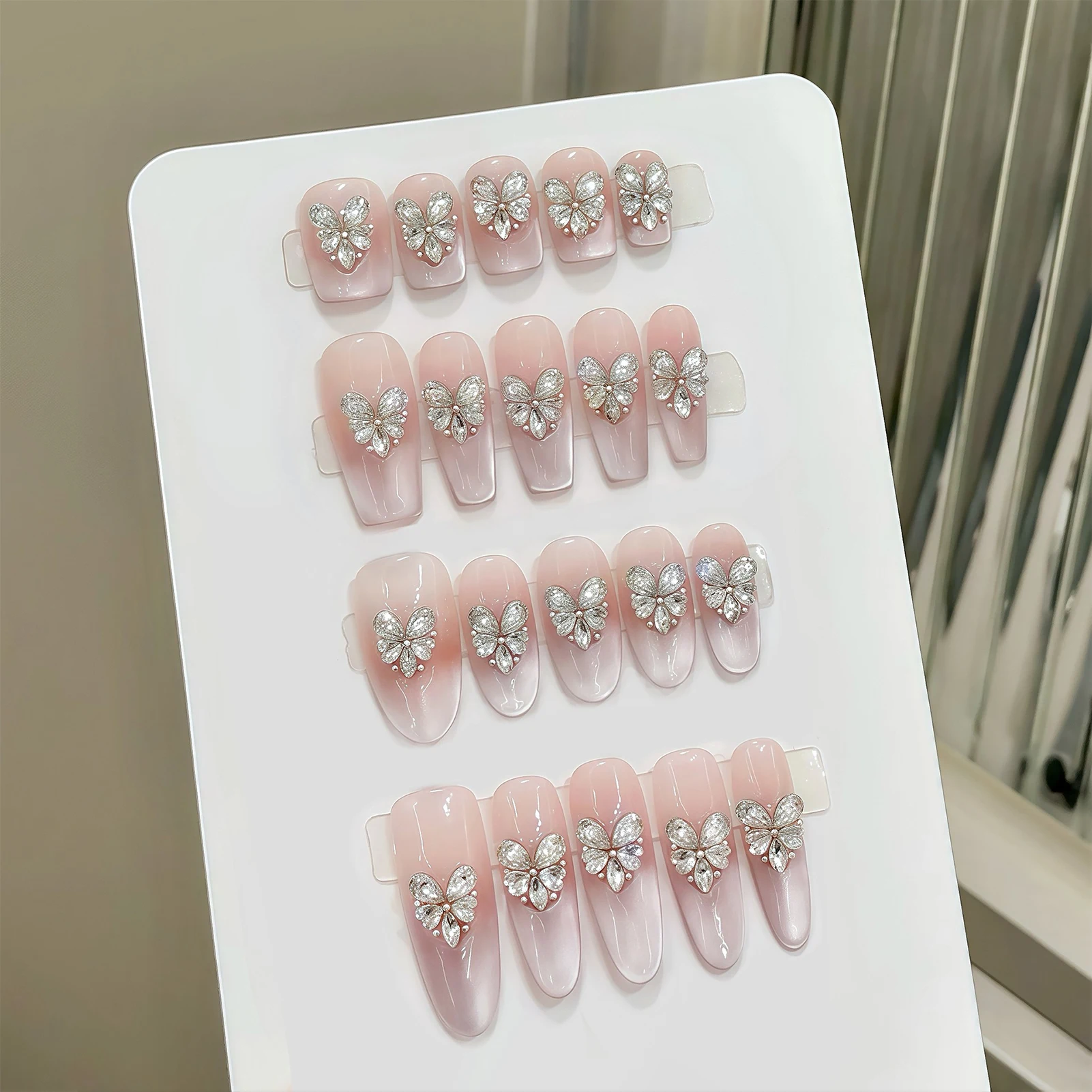 

10Pcs Blush Pink Fake Nails Long Almond/Coffin Handmade Press On Nails Shiny Diamond Decor Short Square False Nails for Women