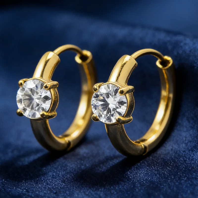 

1 Pair 0.5Carat Fashionable and Sparkling Round Cut White Synthetic Moissanite Golden Circular Ear Stud Earrings.