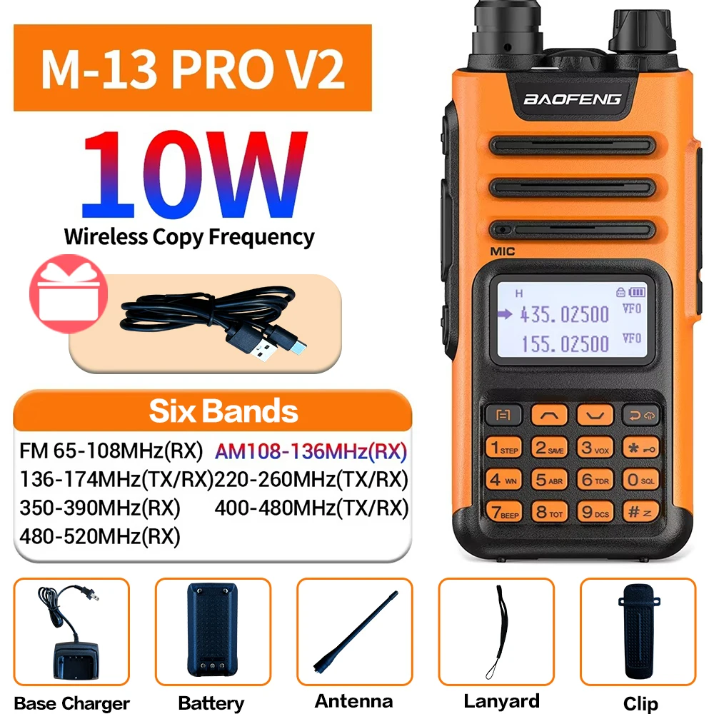

BaoFeng M-13 Pro V1 V2 Air Band Walkie Talkie 10W Wireless Copy Frequency Type-C Long Range High Power UV5R UV-K6 Ham Radio