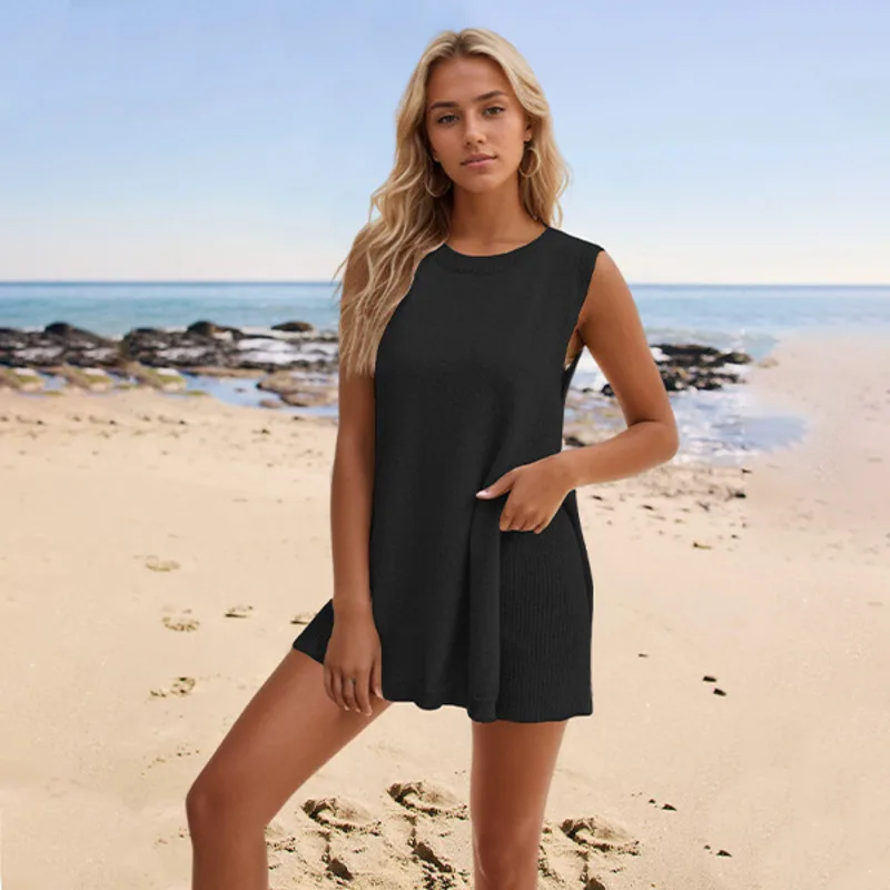 2024 Summer Women's 2 Piece Shorts Set Summer Sweater Ribbed Knit Tunic Top Matching Set Beach Holiday Clothing Women's Clothing