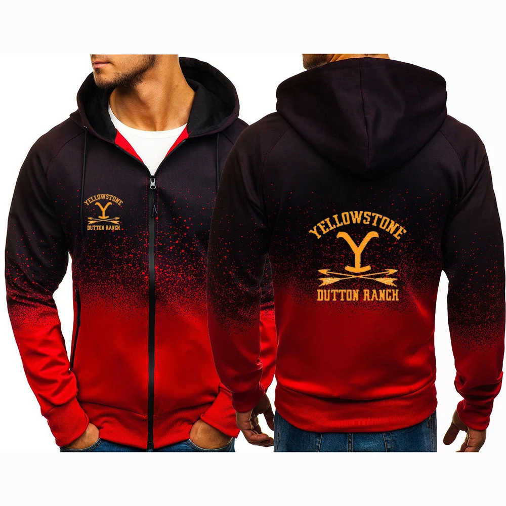 

2025 High Street Fashion Jacket Spring Autumn Zipper Hooded Hoodies Men's Hot Yellowstone Dutton Logo Print Gradient Color Coat