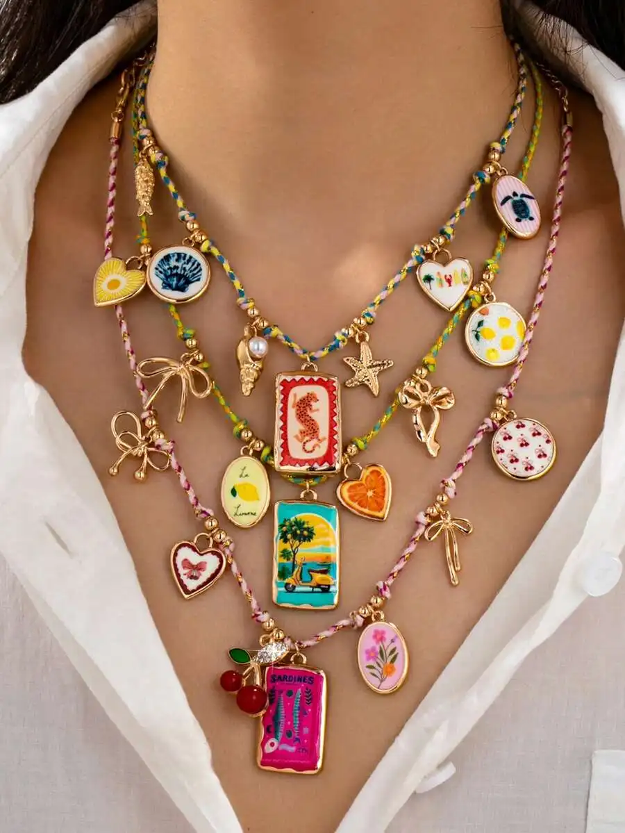 

Colorful Bohemian Multi-Layer Charm Necklace For Women With Enamel Ocean Fruit Bow Starfish Pendants Braided Rope Summer