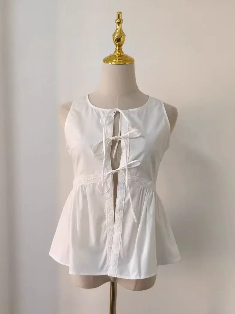 

Lace Patchwork Women Tank Tops Summer Black or White Lace-up Round Neck Sleeveless Casual Fashion Vest