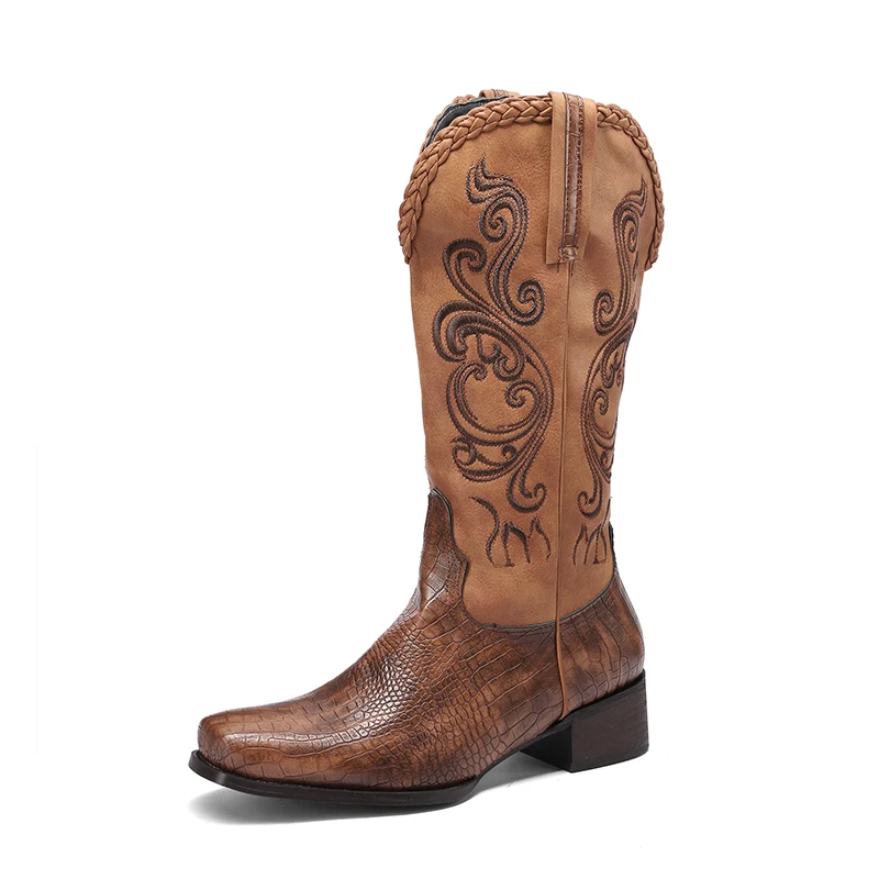 Women Western Boots SquareToe Slip On Mid-Calf Stitched Botas Cowgirl Boots Woman Embroidery  Chunky Heel Street Shoes