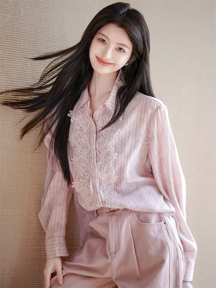 

ZhaodaXi 00% Silk Lace Striped irt Women's Commute Sle Blouse Chest Patchwork adient Color Silk Lace Stripe Pattern