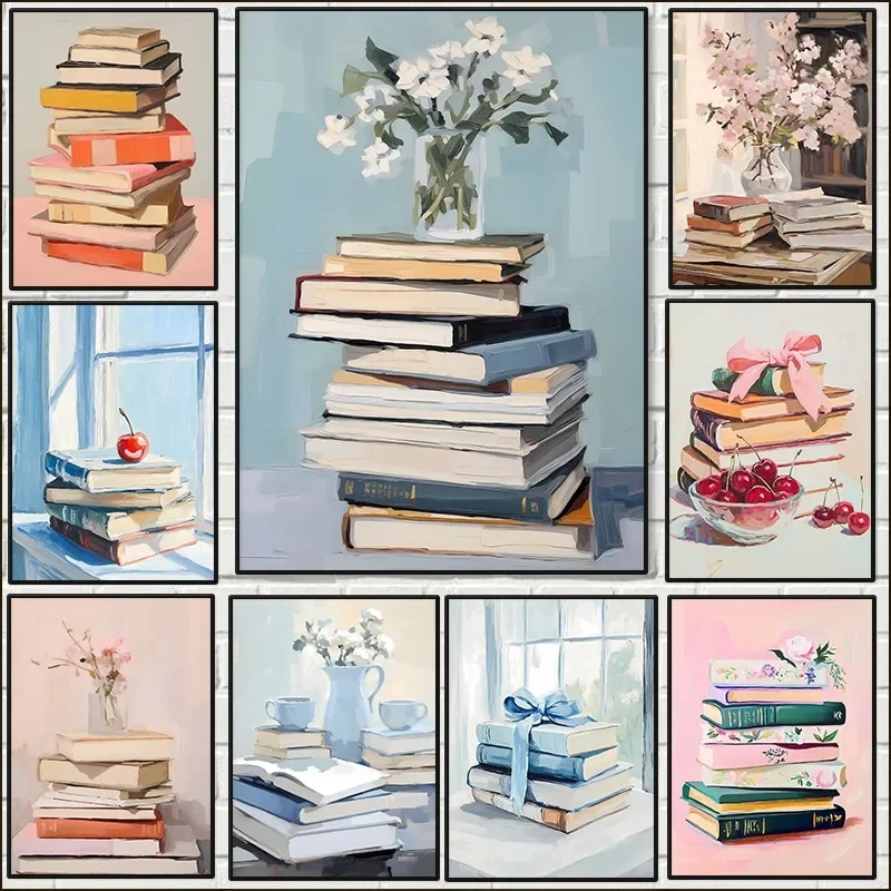 Book Lover Print Wall Art Poster Stack of Books Bookworm Pastel Trendy Apartment Aesthetic Study Room Home Decor Canvas Painting