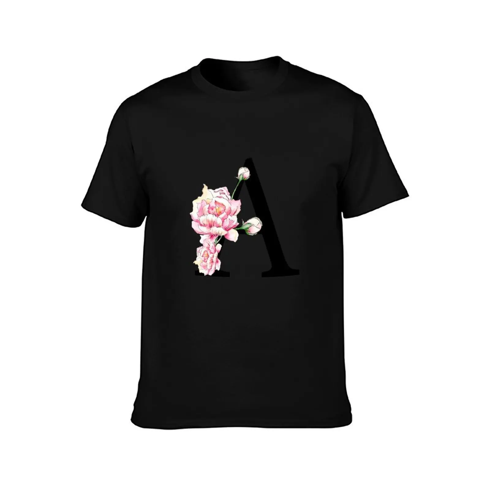 Letter A - Peonies Floral uppercase Alphabet Watercolor T-Shirt Plus Size Everyday Tee Shirt T-Shirt